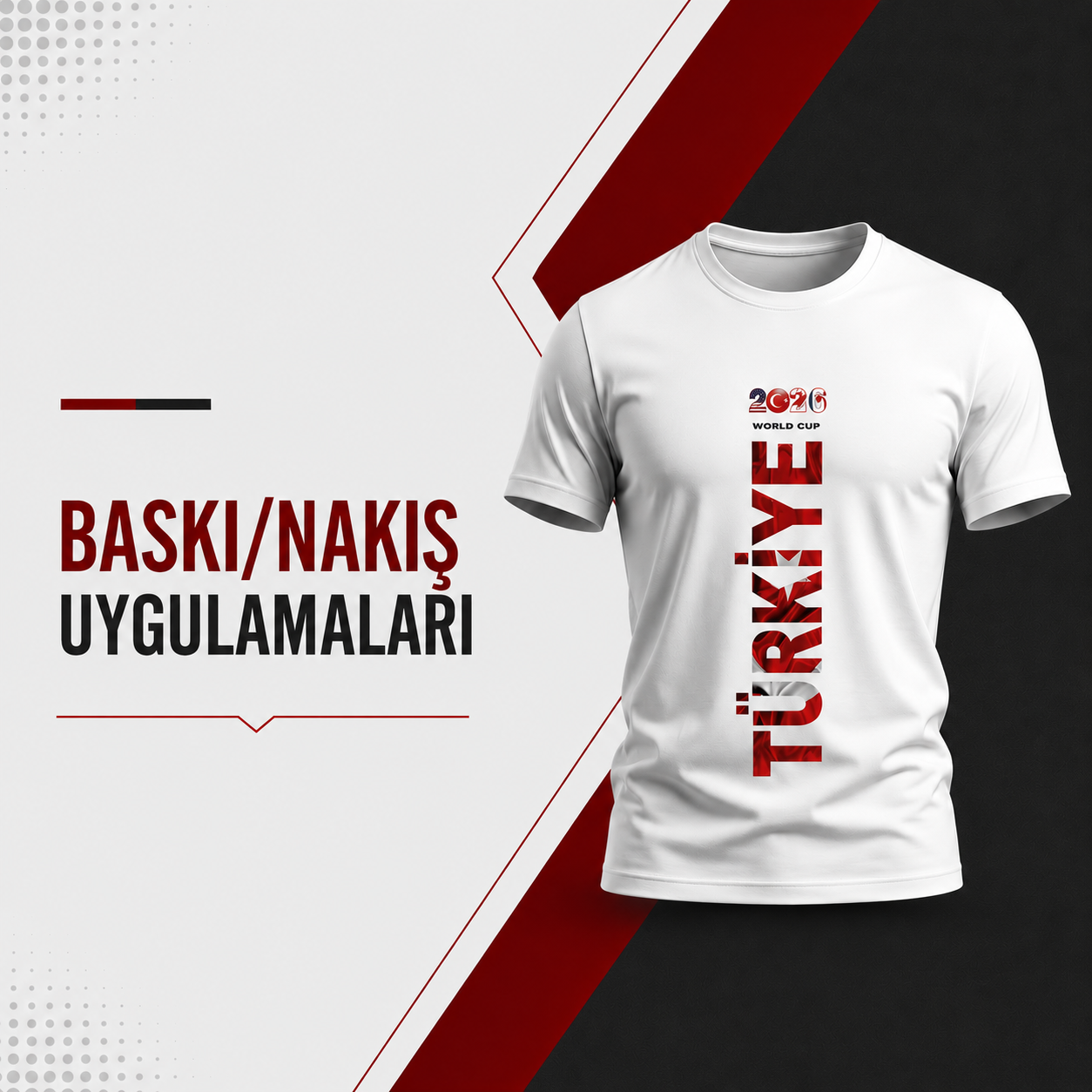 White T-shirt featuring a large vertical red TURKIYE text on the front, set against a modern geometric red-black promotional background.