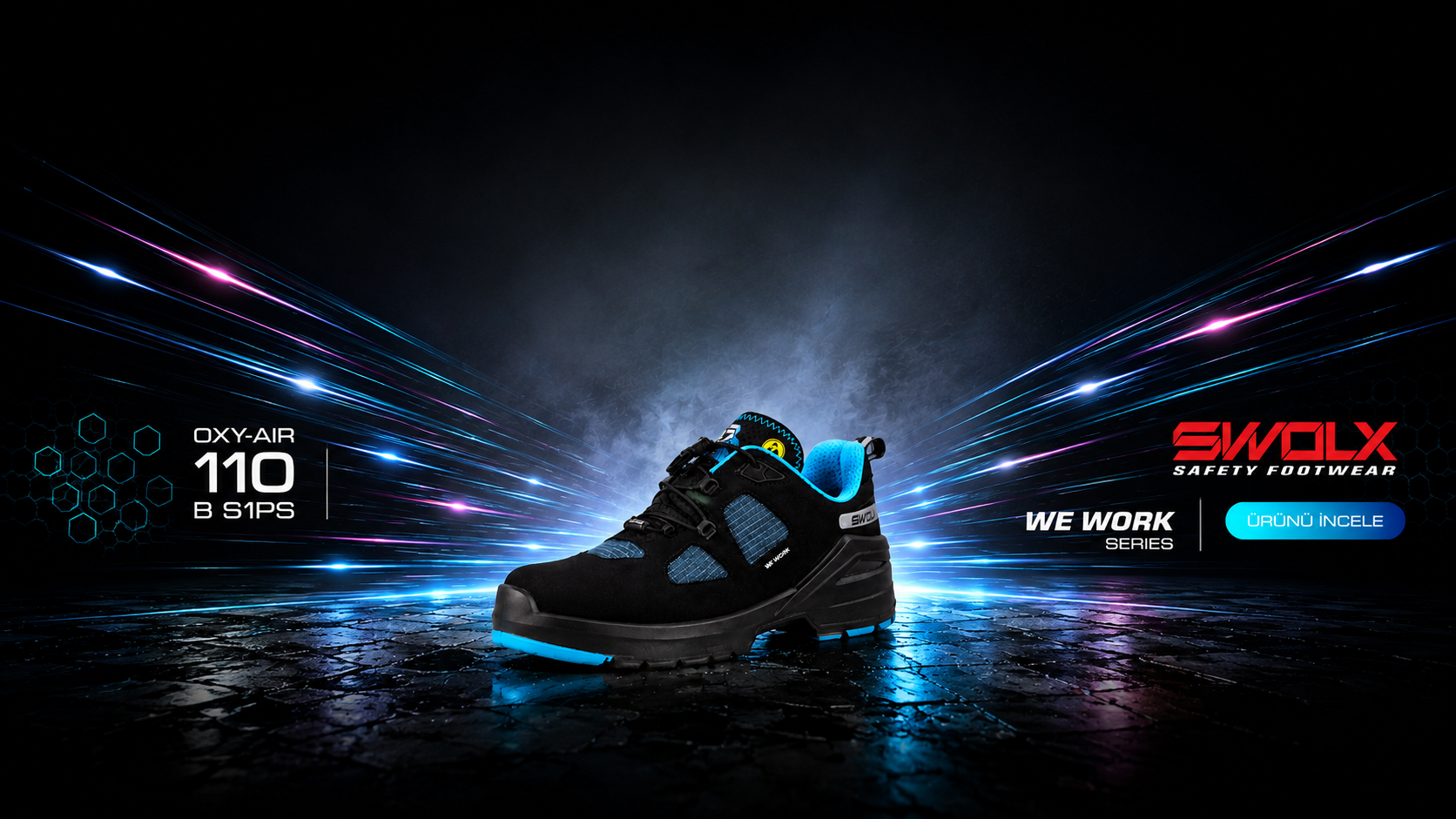 Center-stage promotional shot of a SWOLX safety shoe (We Work series) in black with blue accents on a neon-lit, futuristic background.