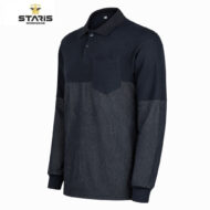 Navy two-tone long-sleeve polo shirt with chest pocket and denim lower panel; Staris Workwear branding.