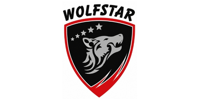 Wolfstar logo: shield-shaped emblem with a stylized gray wolf head, three white stars above, black field, and red border/base.