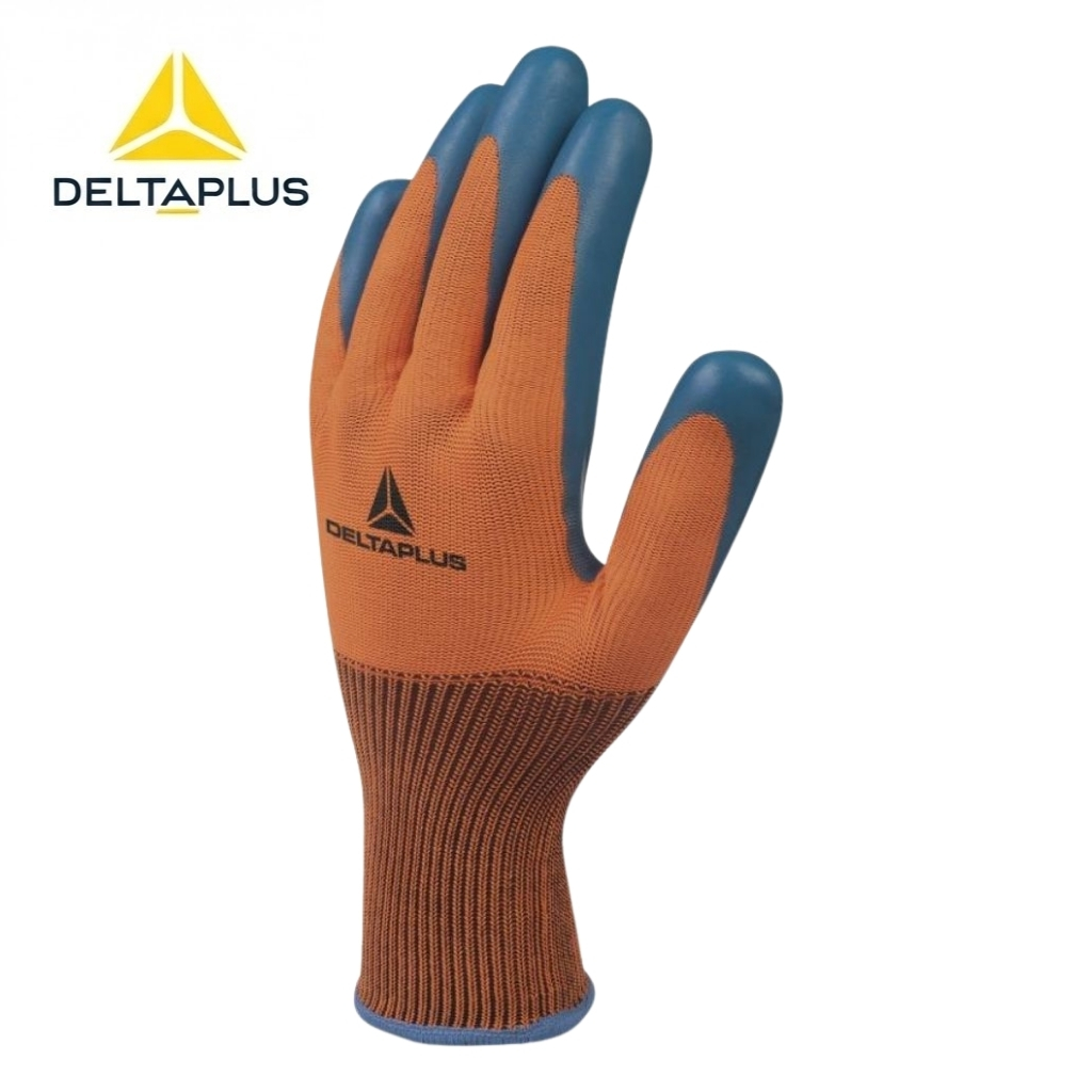 Orange safety work glove with blue coated fingertips showcasing DeltaPlus branding on the back of the hand