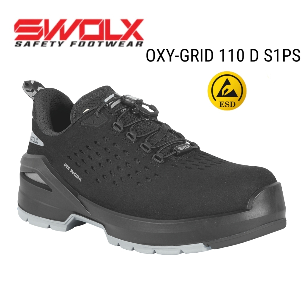 Black safety boot with laces and perforated upper; features reinforced toe and rugged sole (ESD icon shown) — SWOLX OXY-GRID 110D S1PS shoes