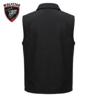 Back view of a black sleeveless vest with a plain back; Wolfstar shield logo in the top-left corner.