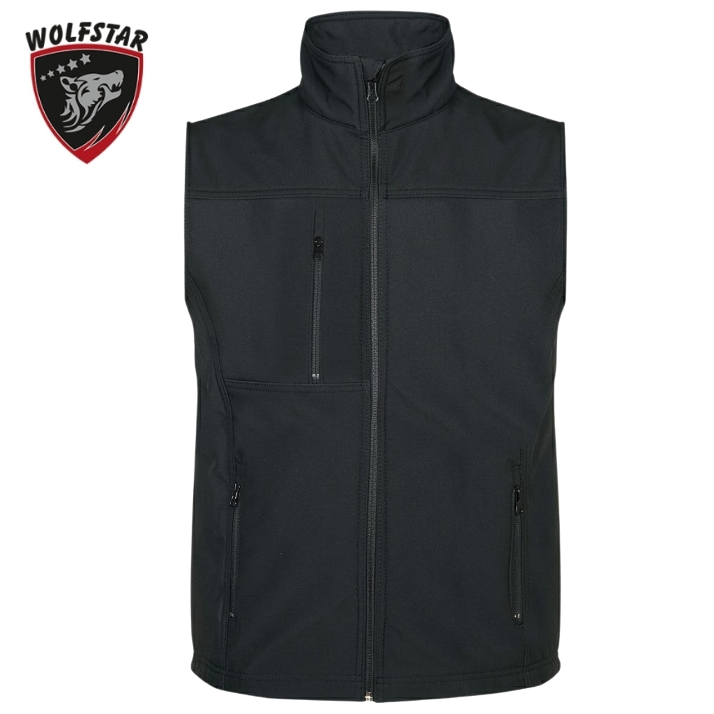 Black sleeveless zip-up vest with a high collar and multiple zip pockets; Wolfstar logo in the top-left corner.
