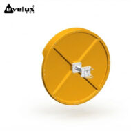 Yellow circular industrial cable reel with a metal mounting bracket on a white background.