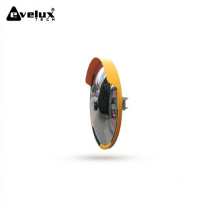Yellow round convex mirror with an orange rim and metal mounting bracket against a white background, floating above a soft shadow.