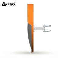 Side view of an orange door with a gray curved edge and a white mounting bracket with two U-bolts on the side.