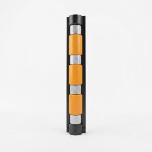 Vertical industrial post with orange protective blocks and metal mesh segments in a black frame on a white background.