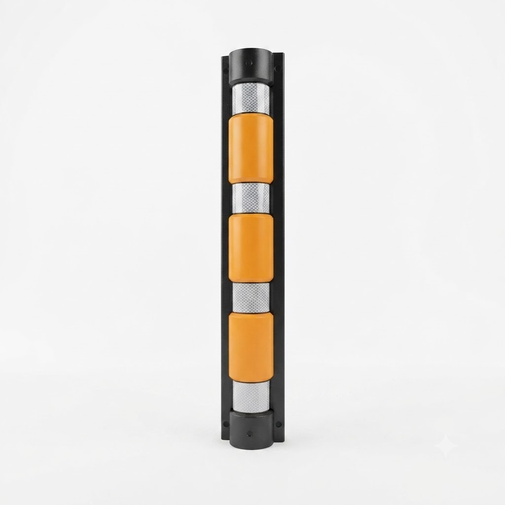 Vertical industrial post with orange protective blocks and metal mesh segments in a black frame on a white background.