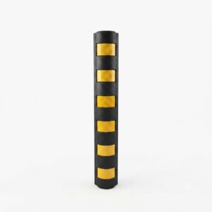 Black handheld flashlight with yellow textured grip segments standing upright on a white background.