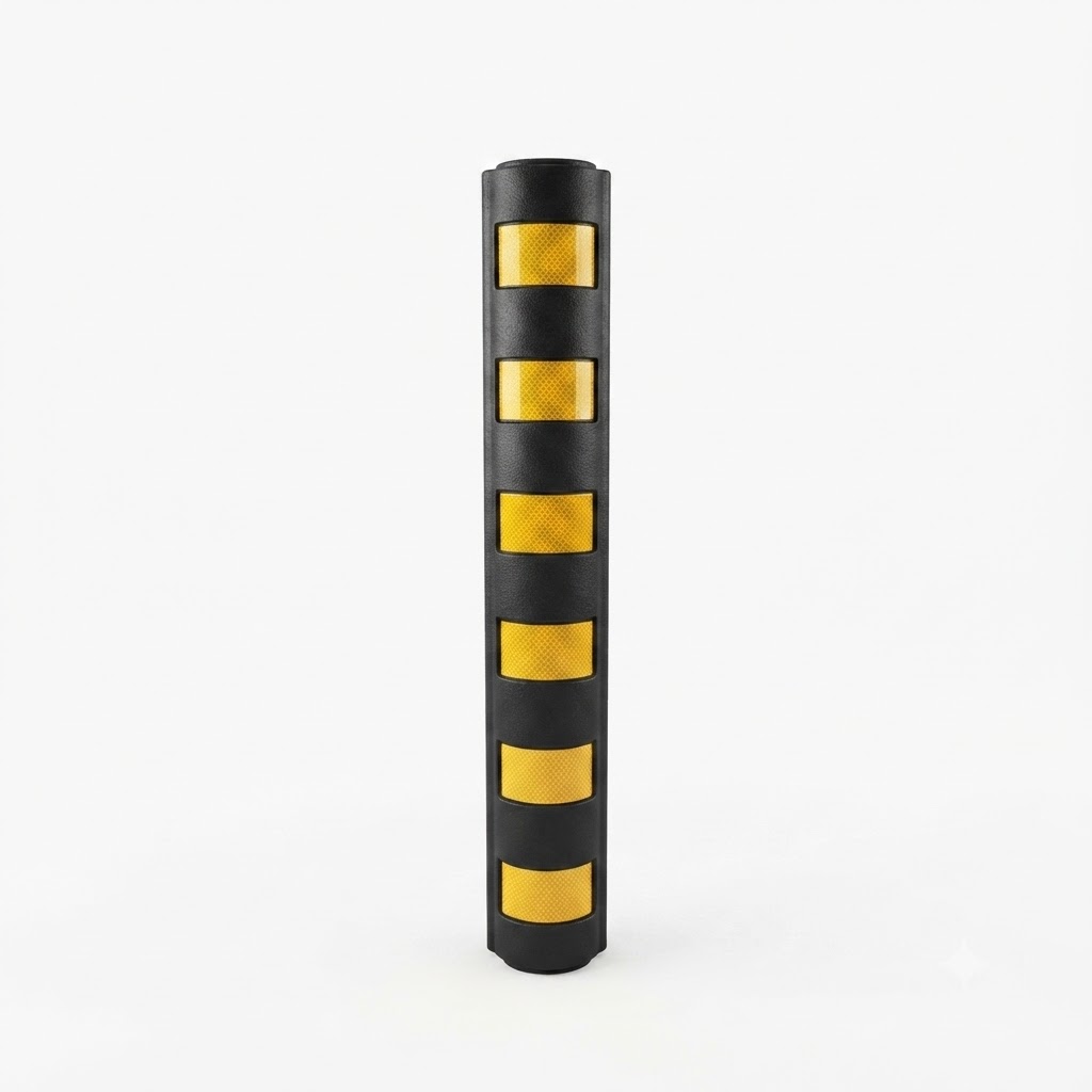 Black handheld flashlight with yellow textured grip segments standing upright on a white background.