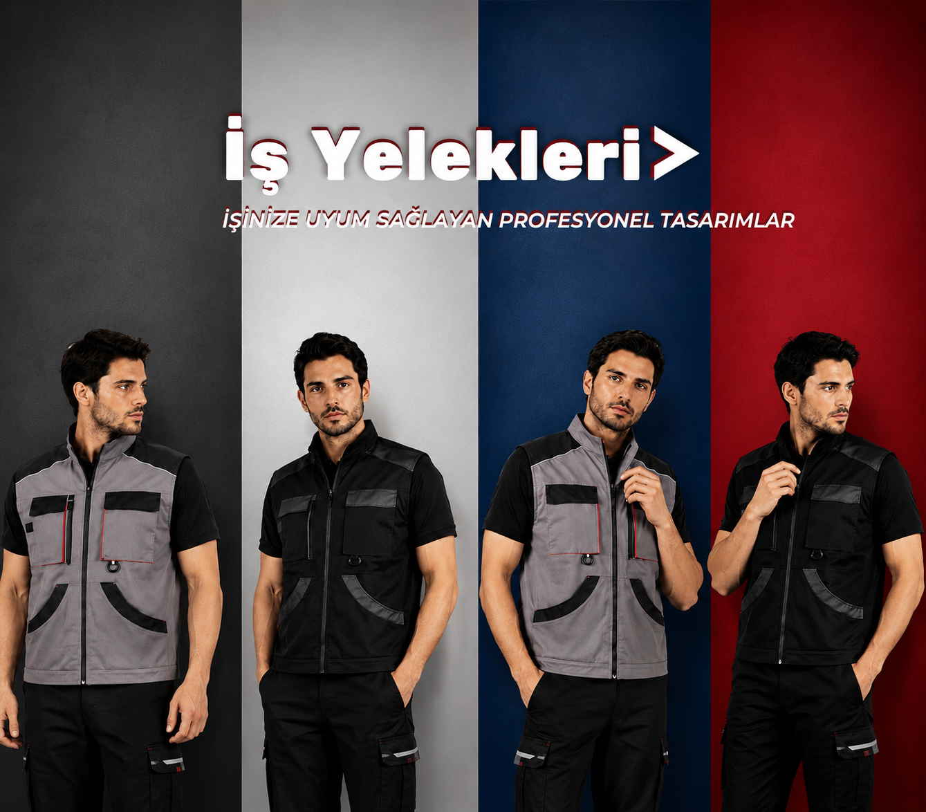 Banner ad showing four men in gray and black work vests against vertical color panels with Turkish slogan text above.