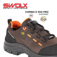 SWALX Combo-X 950 Pro safety shoe: brown leather upper, orange lining, black sole, S3 electrical safety.