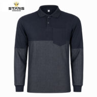 Two-tone polo shirt: navy top half, dark denim bottom half, with a chest pocket on the left; long sleeves.