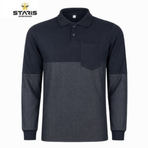 Two-tone polo shirt: navy top half, dark denim bottom half, with a chest pocket on the left; long sleeves.