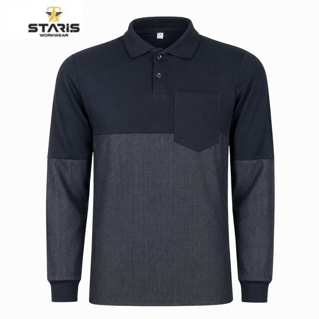 Two-tone polo shirt: navy top half, dark denim bottom half, with a chest pocket on the left; long sleeves.