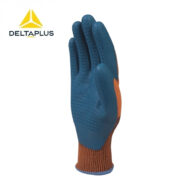 Blue protective work glove with orange knit cuff and textured palm grip; DeltaPlus logo in the upper left
