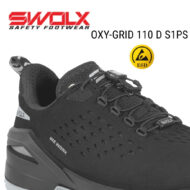 SWOLX OXY-GRID 110 D S1PS black safety shoe with ESD badge, perforated upper, and rugged sole