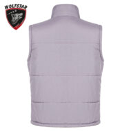 Back view of a lavender puffer vest with a high collar and horizontal quilting; Wolfstar logo appears in the top-left corner.