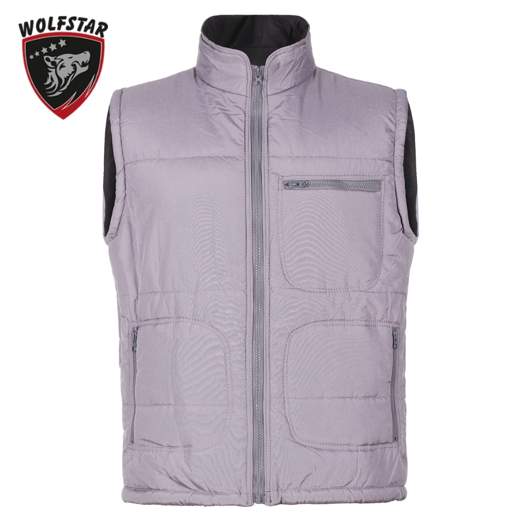 Lavender padded vest with front zipper, stand collar, chest zip pocket, and two lower pockets (sleeveless, brand Wolfstar logo in corner).