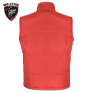 Red padded sleeveless vest, back view with stand collar and horizontal quilting; Wolfstar logo in the top-left corner.