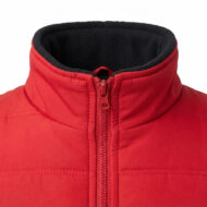Close-up of a red padded jacket collar with a front zipper and black fleece lining visible inside the collar.