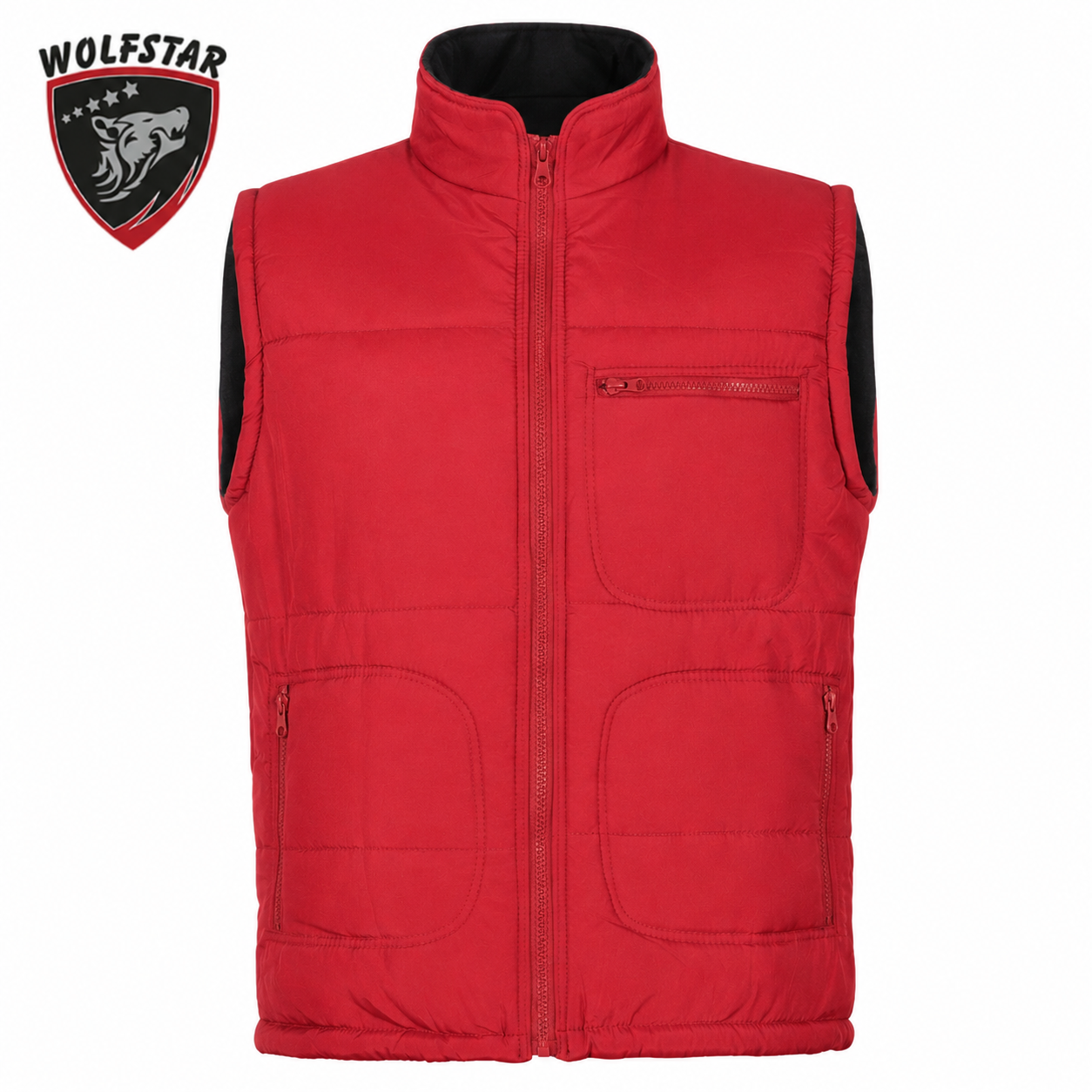 Red padded sleeveless vest with front zipper and zip chest pocket; Wolfstar logo in top-left corner.