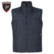Navy blue sleeveless puffer vest with front zip, standing collar, multiple zip pockets, logoed “WOLFSTAR” badge in top left corner