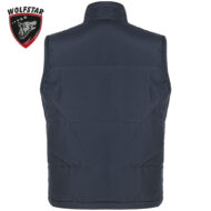 Dark blue puffer vest shown from the back with a stand collar; Wolfstar logo in the upper left corner.
