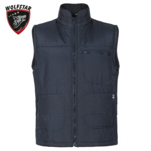 Navy blue sleeveless puffer vest with front zip, standing collar, multiple zip pockets, logoed “WOLFSTAR” badge in top left corner