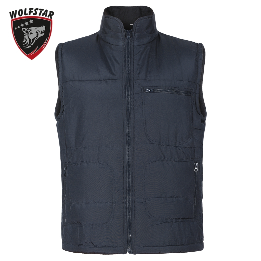Navy blue sleeveless puffer vest with front zip, standing collar, multiple zip pockets, logoed “WOLFSTAR” badge in top left corner