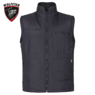 Dark gray padded sleeveless vest with front zipper and multiple pockets, featuring a Wolfstar shield logo in the top left.