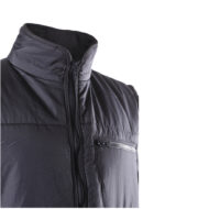 Close-up of a dark puffer jacket with a high collar and front zipper