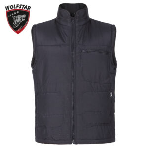 Dark gray padded sleeveless vest with front zipper and multiple pockets, featuring a Wolfstar shield logo in the top left.
