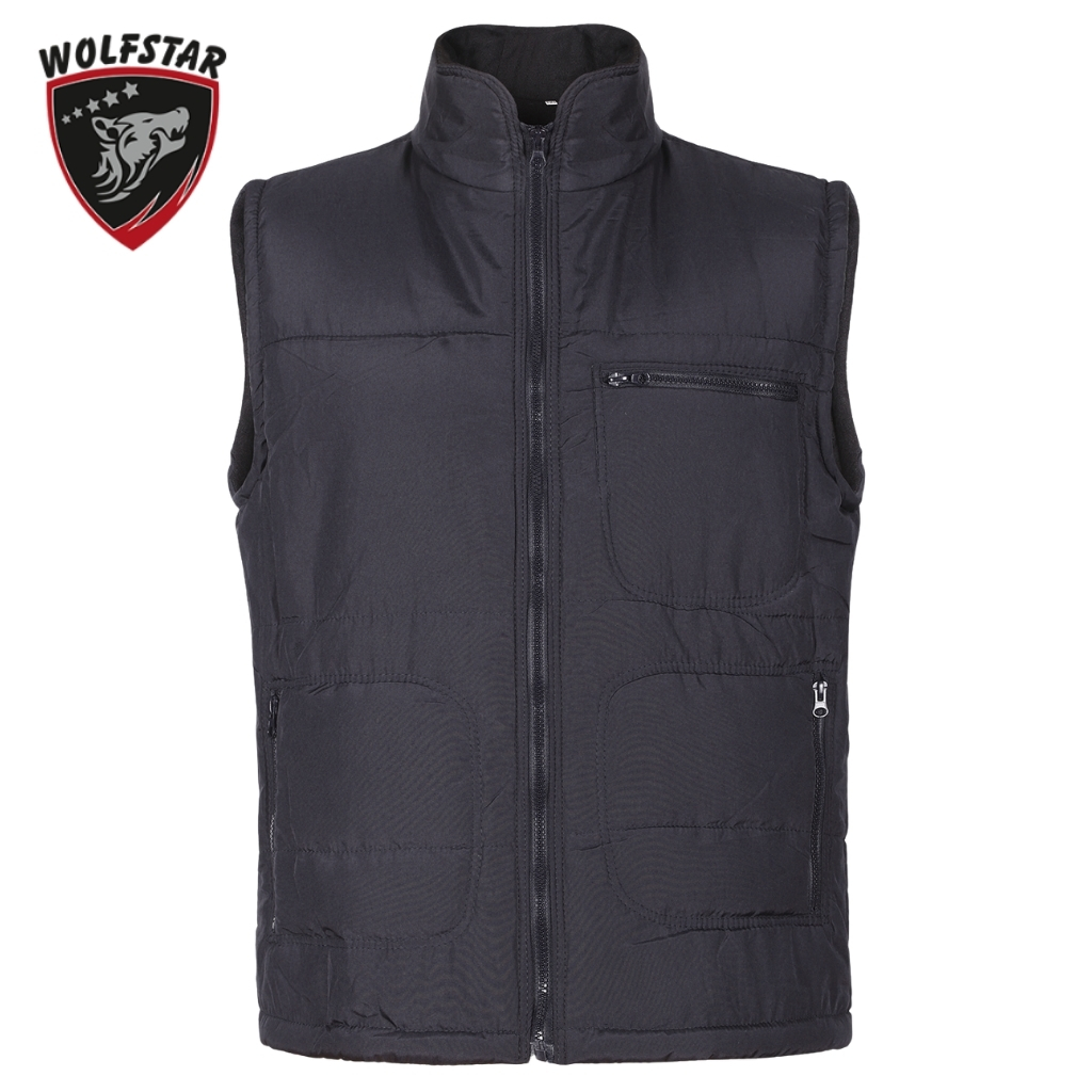 Dark gray padded sleeveless vest with front zipper and multiple pockets, featuring a Wolfstar shield logo in the top left.