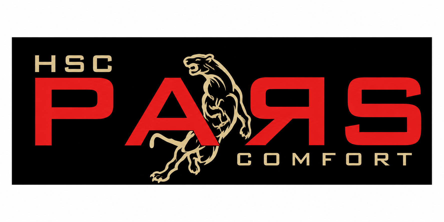 HSC PARIS COMFORT logo on black background with red PARIS letters and a beige tiger silhouette, plus beige HSC and COMFORT text.
