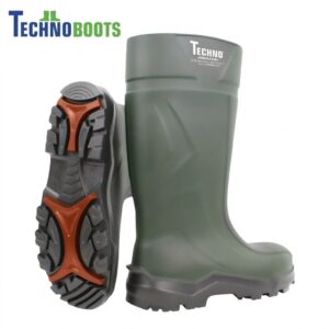 Green rubber boot with a rugged tread sole shown from the side; TechnoBoots branding in the corner