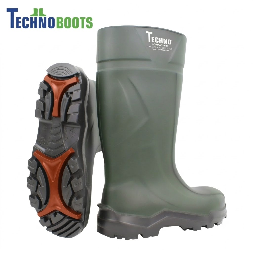 Green rubber boot with a rugged tread sole shown from the side; TechnoBoots branding in the corner