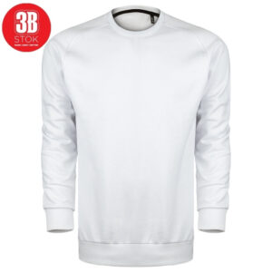 White crewneck sweatshirt with ribbed cuffs and hem, plain design; red circular 3B STOK logo in the top-left corner