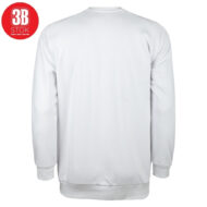 Back view of a plain white sweatshirt with a red circular 3B STOK logo in the top-left corner