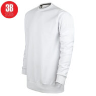 White crewneck sweatshirt with ribbed cuffs and hem, shown in a side angle; red 3B Stok logo in the top-left corner.