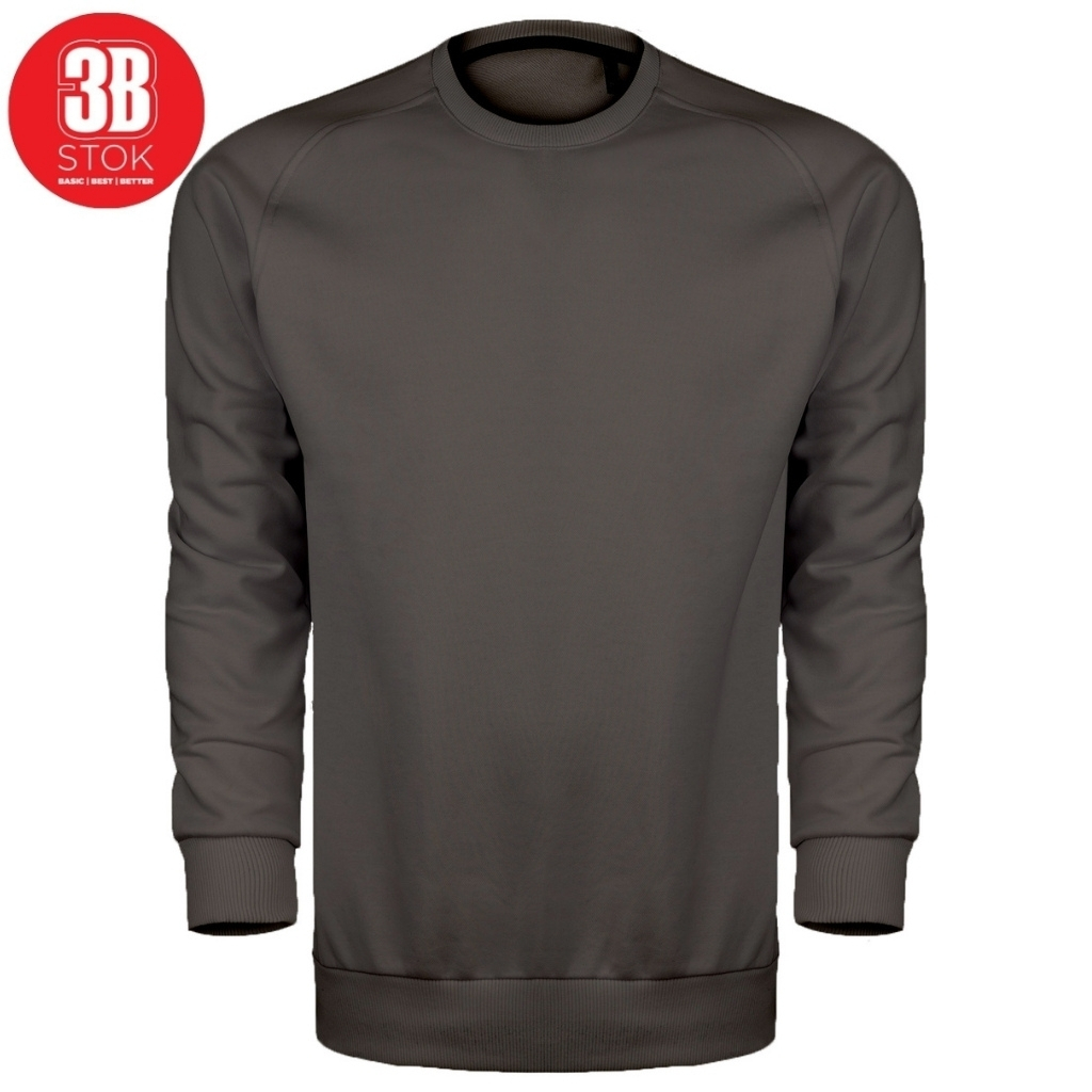 Dark gray crewneck sweatshirt with ribbed cuffs and hem on a white background, 3B STOk logo in the top-left corner