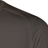 Close-up of a dark gray knit sweater shoulder seam.
