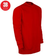 Red long-sleeve crewneck sweatshirt with ribbed cuffs and hem, shown from a side angle.