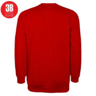 Back view of a plain red sweatshirt with a ribbed hem and cuffs; small 3B Stok logo in the top-left corner.