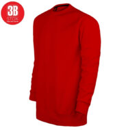 Red crewneck sweatshirt on a white background, shown from the side with folded cuffs and ribbed hem.