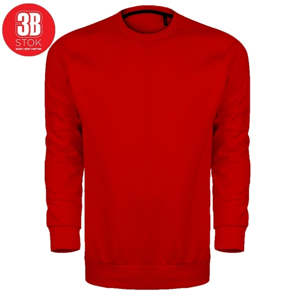 Red crewneck sweatshirt with a small circular 3B Stok logo in the top left corner.