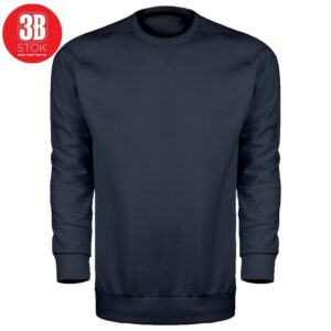 Navy blue crew-neck sweatshirt with ribbed cuffs and hem, front view, small red 3B Stok logo in the top-left corner.