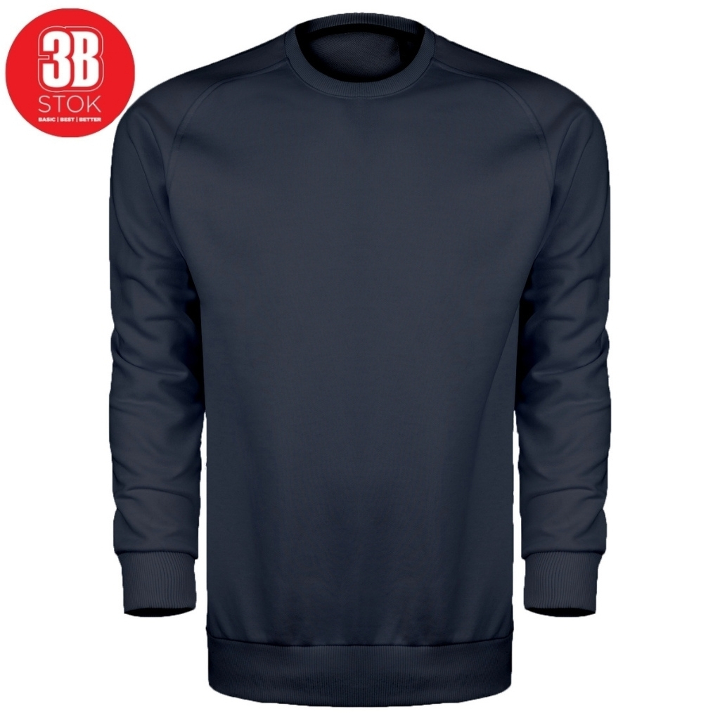 Navy blue crew-neck sweatshirt with ribbed cuffs and hem, front view, small red 3B Stok logo in the top-left corner.