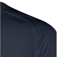 Close-up of dark navy fabric on a garment shoulder, showing stitching and smooth knit texture.